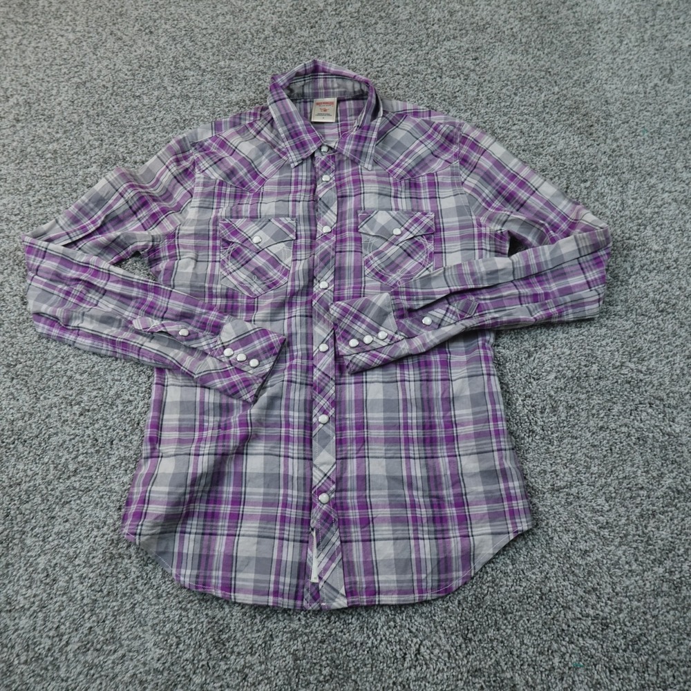True Religion Shirt Womens S Purple Gray Plaid Western Pearl Snap Long Sleeve